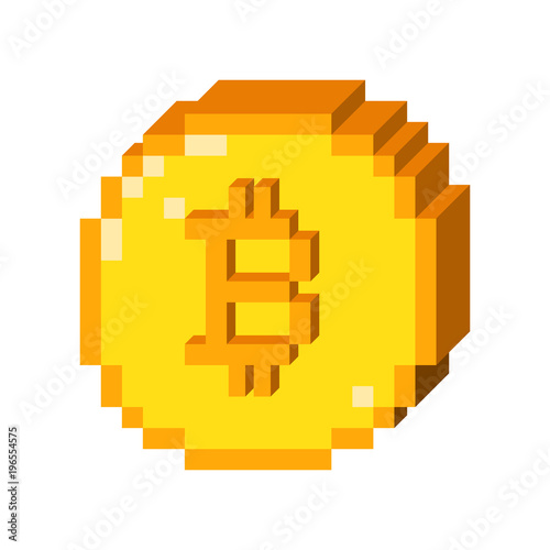 Vector 8 bit pixel art bitcoin icon. Color  3D concept of cryptocurrency. 