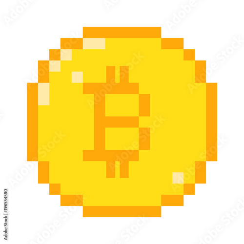 Vector 8 bit pixel art bitcoin icon. Color concept of cryptocurrency. 