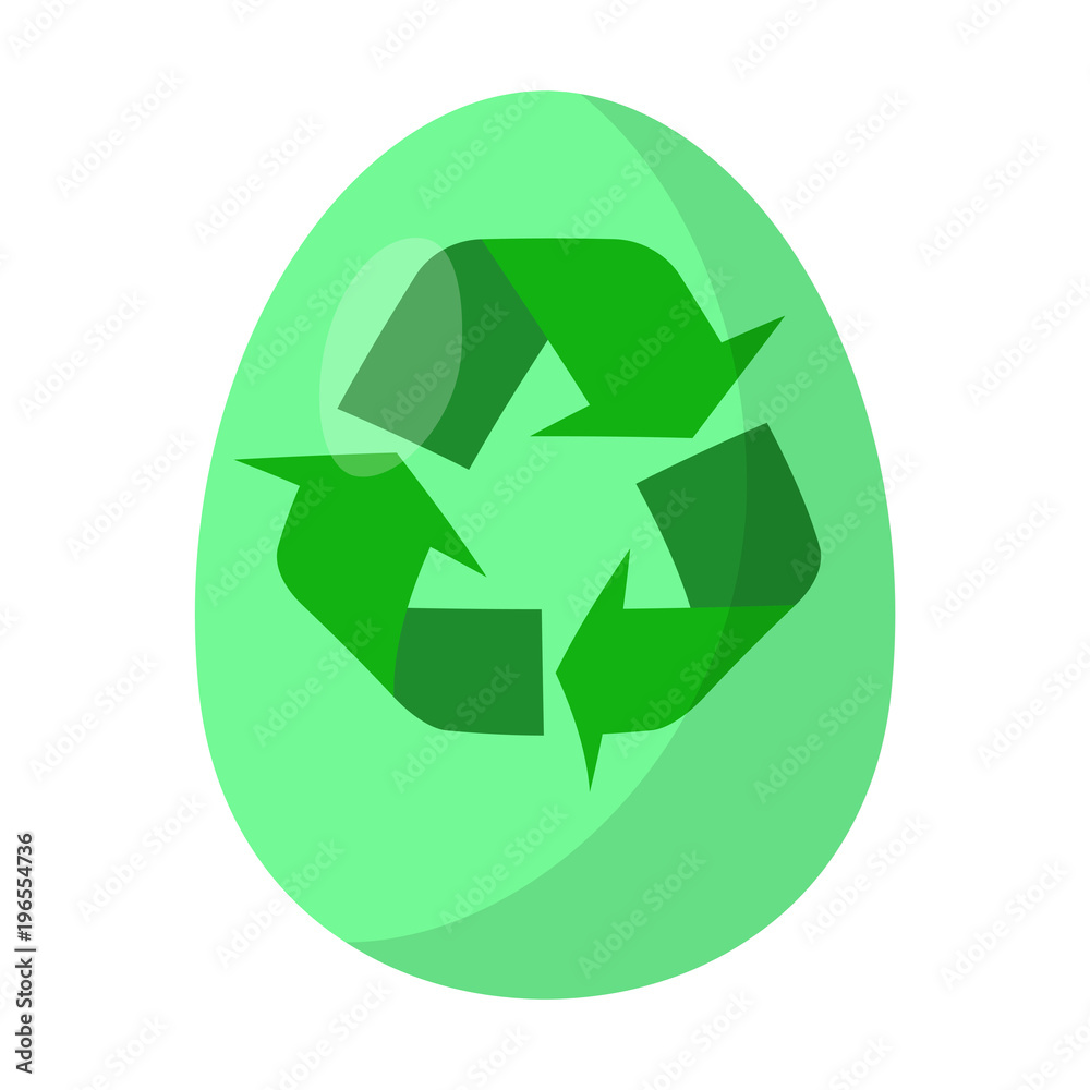 Flat vector green recycle icon on light green Easter egg. Isolated pieces. Flat vector green recycle icon on light green Easter egg. Isolated pieces.