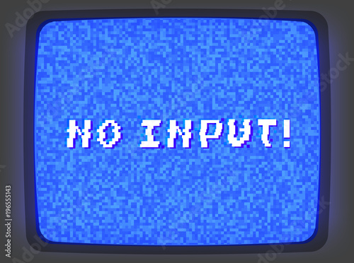 Vector VHS blue intro screen of a videotape player with noise flickering and no input phrase. Retro 80 s style vintage blue pixel art background.