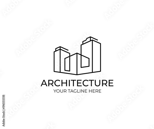 Line buildings logo template. Abstract commercial real estate vector design. Cityscape logotype