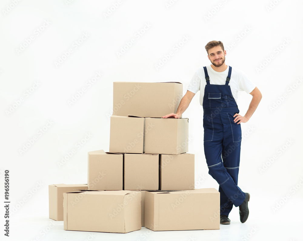 Worker supplies boxes, isolated, white background. Worker supplies boxes, isolated, white background.