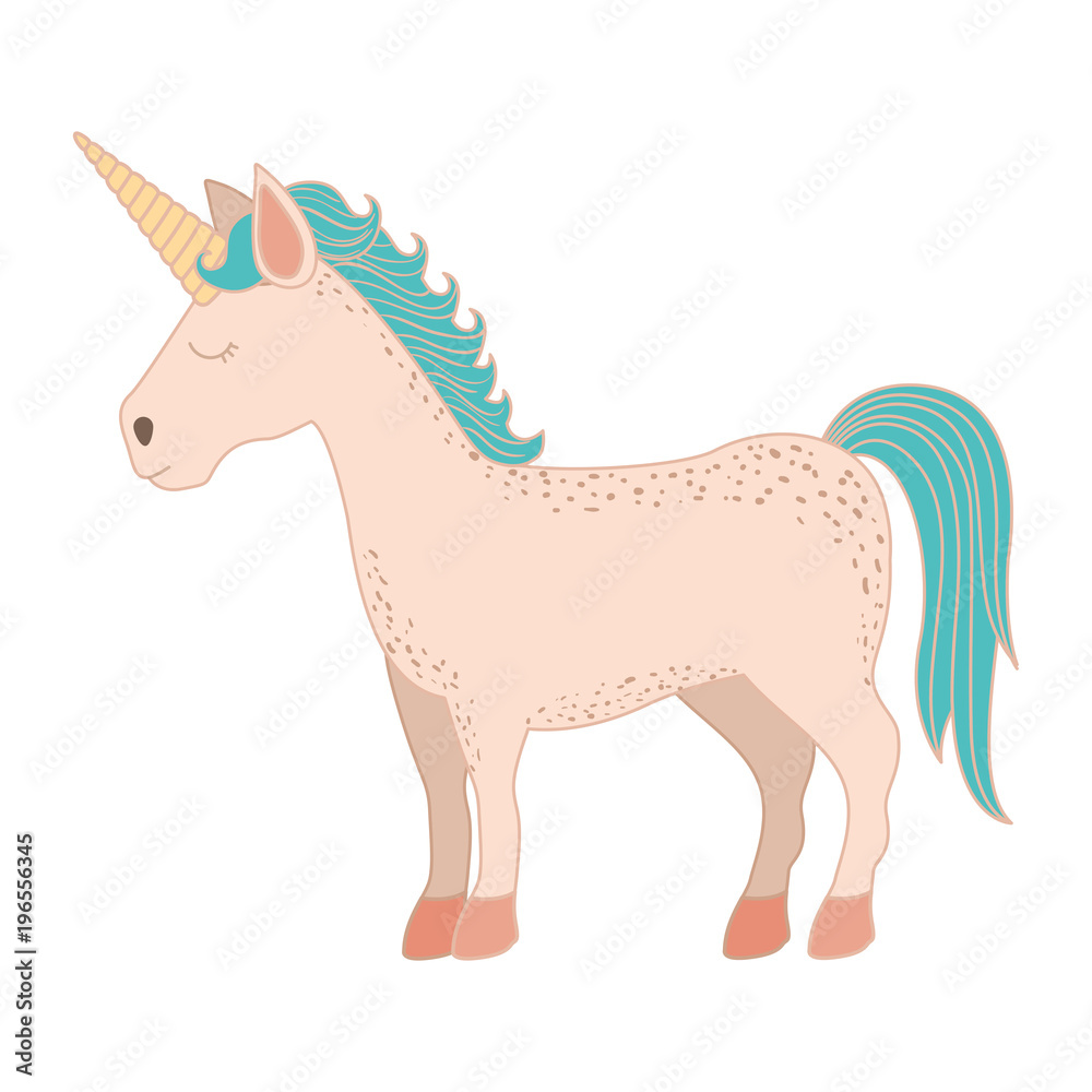 white background with cartoon unicorn standing with closed eyes vector illustration