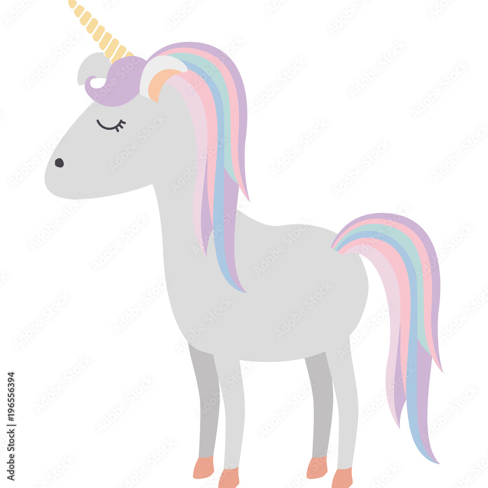 Obraz premium white background with cartoon unicorn gray standing with closed eyes and rainbow mane vector illustration