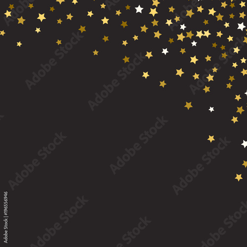 Abstract pattern of random falling gold stars on black background. Glitter pattern for banner  greeting card  Holidays cards  invitation  postcard  paper packaging. Vector illustration