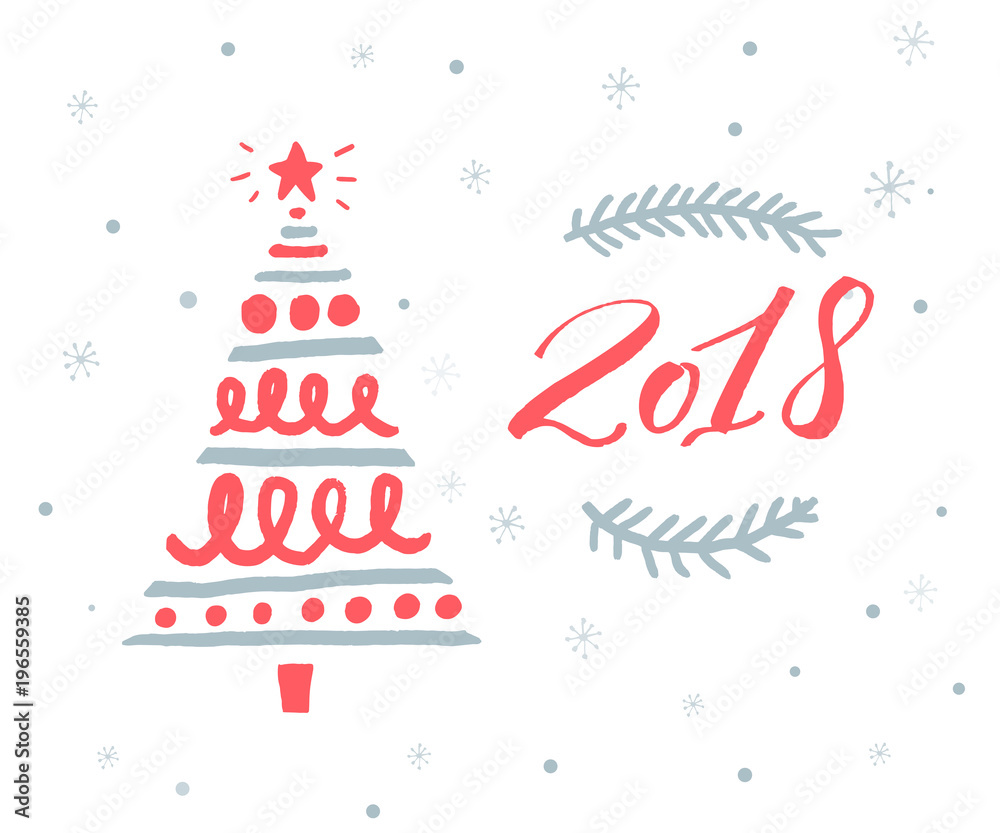Fototapeta premium 2018 new year greeting card template with red numbers and hand drawn Christmas tree