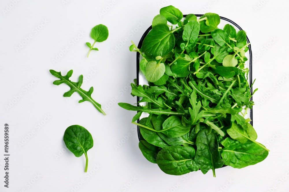 Fototapeta Various of different salad leaves on the white background. Land cress, rocket and spinach leaves isolated