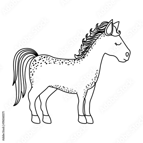 monochrome silhouette of cartoon unicorn standing with closed eyes and looking towards the right vector illustration