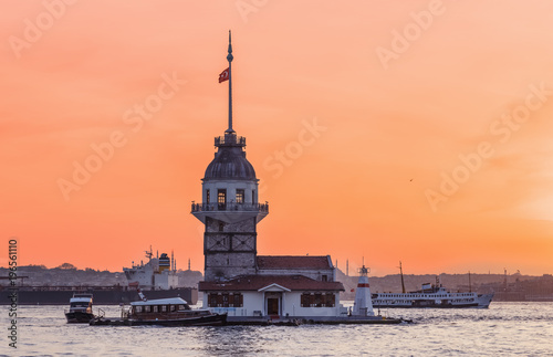 Maiden's tower in Istanbul, Turkey. Maiden tower is famous iconic landmark midland the Bosporus channel.