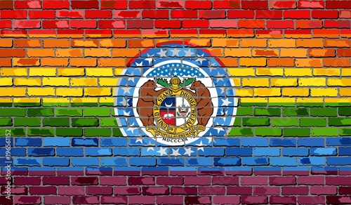 Brick Wall Missouri and Gay flags - Illustration,
Rainbow flag on brick textured background, 
Abstract grunge Missouri Flag and LGBT flag