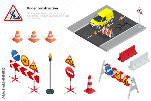 Road repair, under construction road signs. Flat 3d vector isometric illustration.