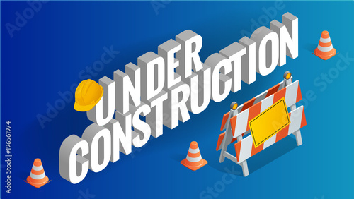 Under construction concept. Road repair, under construction road signs. Flat 3d vector isometric illustration.