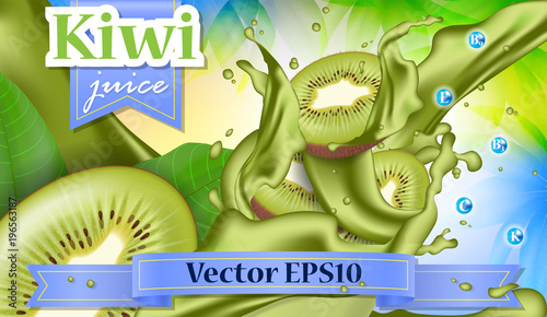 Vector ads 3d promotion banner, Realistic kiwi fruit splashing with falling slices, juice drops, vitamins, leaves. Mock up for yogurt, ice cream, juice brand advertising.