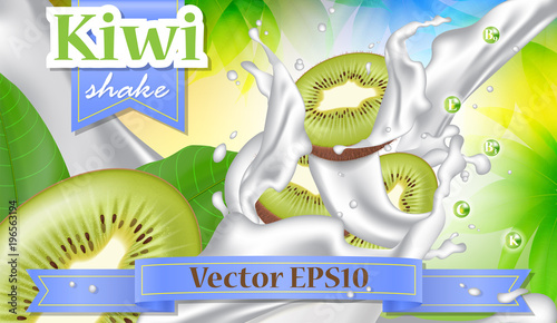 Vector ads 3d promotion banner, Realistic kiwi fruit splashing with falling slices, milk drops, vitamins, leaves. Mock up for yogurt, ice cream, milk dairy brand advertising.