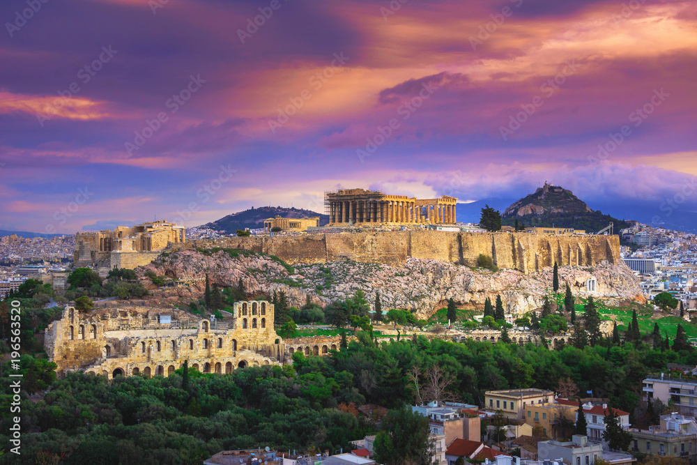 Acropolis with Parthenon, the theater of Herodion Atticus and cityscape, Athens, Greece.