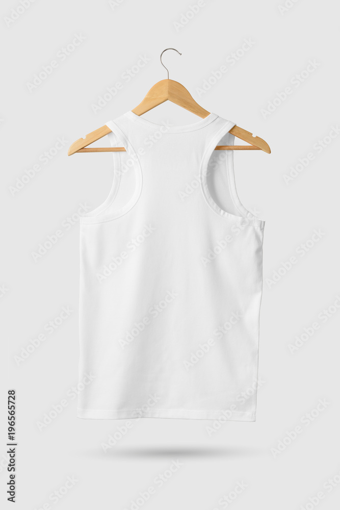 Blank White Tank Top Shirt Mock-up on wooden hanger, rear side view. 3D Rendering. Blank White Tank Top Shirt Mock-up on wooden hanger, rear side view. 3D Rendering.