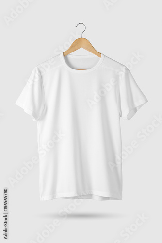 Blank White T-Shirt Mock-up on wooden hanger, front side view. 3D Rendering.