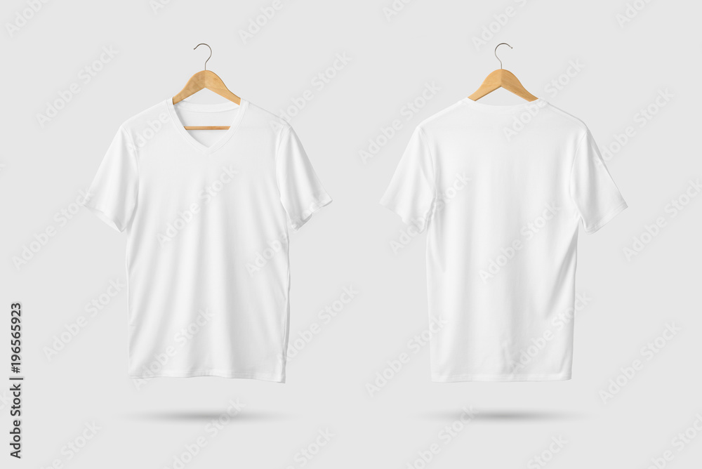 Blank White V-Neck Shirt Mock-up on wooden hanger, front and rear side view. 3D Rendering. - obrazy, fototapety, plakaty 