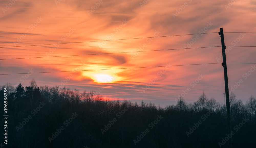 Sunset over the tree tops with beautiful texture in the sky. Sky colored in orange and red creating a surreal feeling. Sunset over the tree tops with beautiful texture in the sky. Sky colored in orange and red creating a surreal feeling.