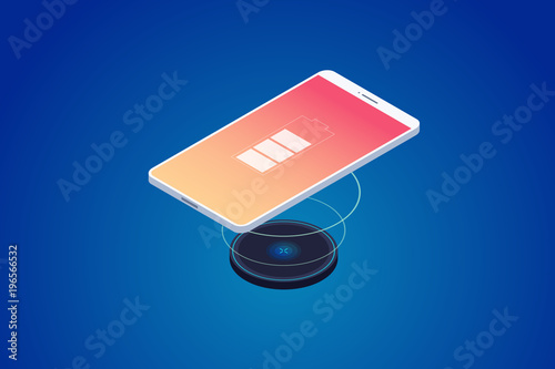 Wireless charger for smartphone. Modern technologies. Image charging on screen of mobile phone. 3d isometric design. Vector illustration.