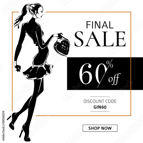 Black and white fashion sale banner with woman fashion silhouette, online shopping social media ads web template with beautiful girl. Vector illustration