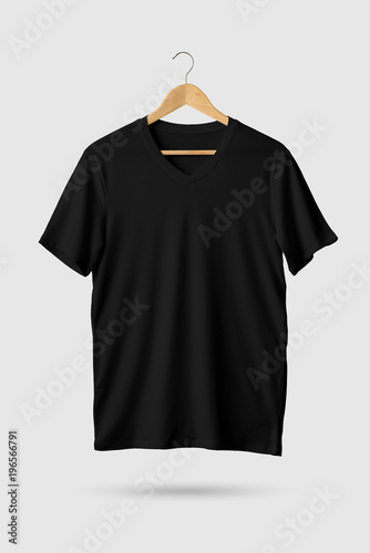 Black V-Neck Shirt Mock-up on wooden hanger, front side view. 3D Rendering.