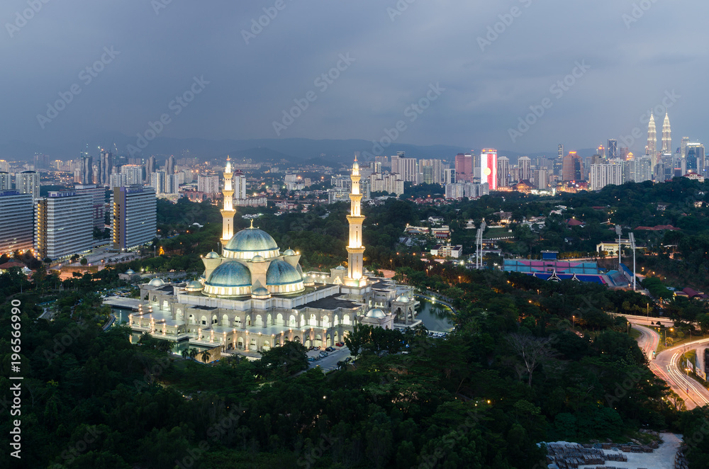 Aerial view of Federal Territory Mosque in night. Federal Territory Mosque is a major mosque in Kuala Lumpur, Malaysia