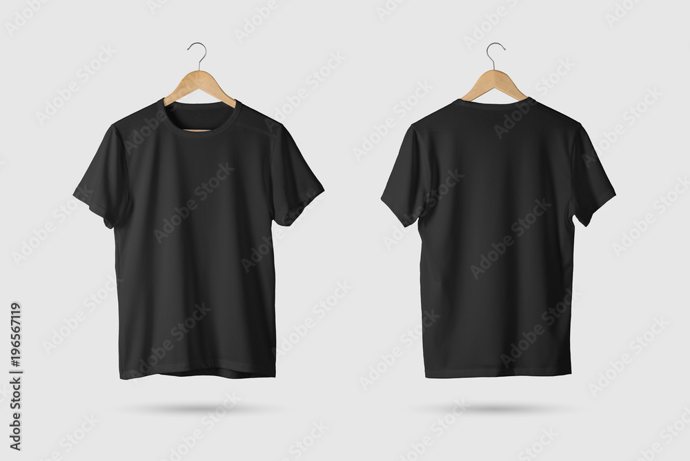 Black T-Shirt Mock-up on wooden hanger, front and rear side view. 3D Rendering. - obrazy, fototapety, plakaty 