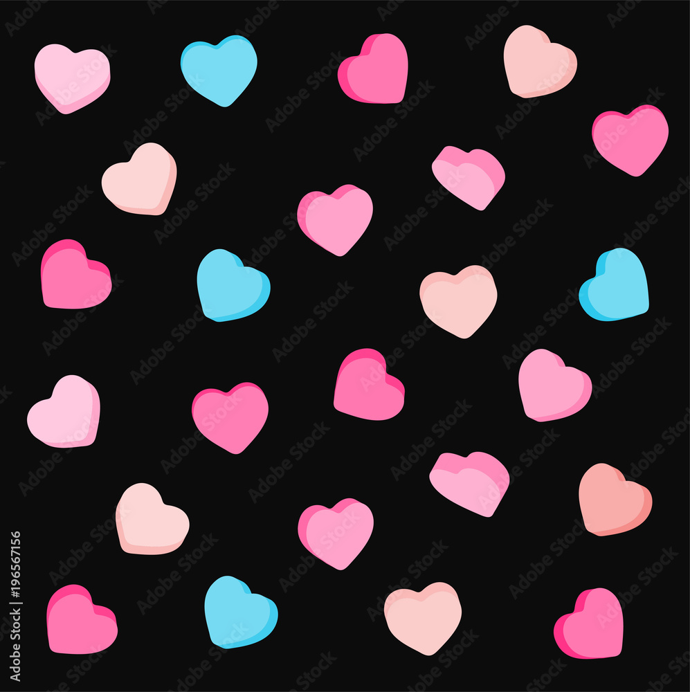 Colorful candy hearts pattern. Valentine's Day background in pastel colors. Decorative vector elements.