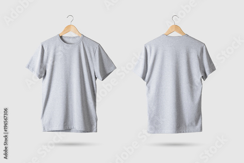 Grey T-Shirt Mock-up on wooden hanger, front and rear side view. 3D Rendering.