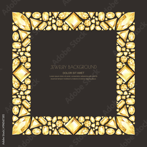 Vector square frame from realistic golden gems and jewels on black background. Shiny diamonds jewelry design elements.
