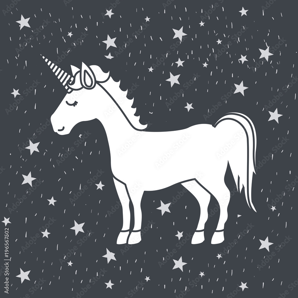 monochrome caricature of male unicorn in starry heaven vector illustration