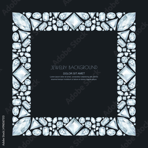 Vector square frame from realistic silver gems and jewels on black background. Shiny diamonds jewelry design elements.