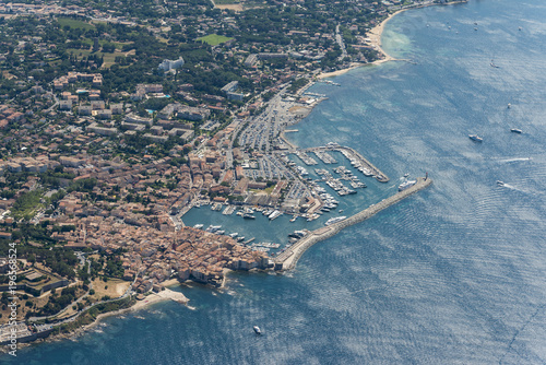 Aerial image of Saint-Tropez, port and vieux port at the Mediterranean sea photo
