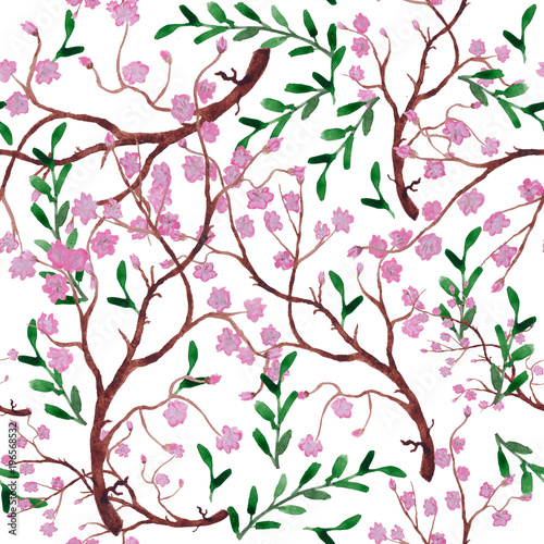 Seamless pattern drawn in watercolor. Flowering sakura and leaves in addition to create a beautiful spring pattern. Isolated on white background. © Julia