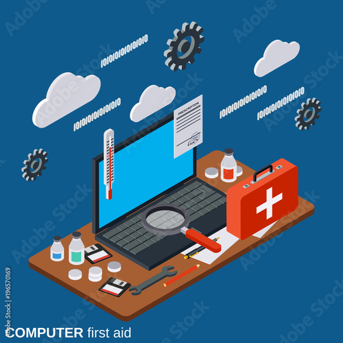 Computer first aid, service, technical support flat 3d isometric concept illustration