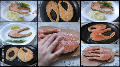 Preparation of salmon steak, homemade cooking photo