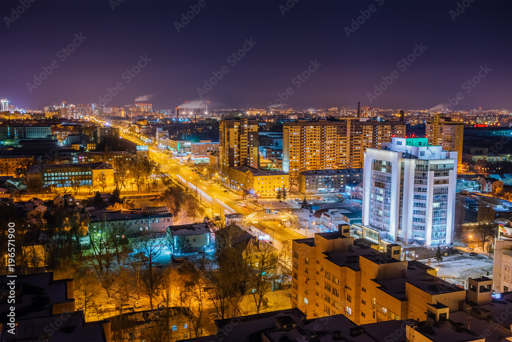 Night Voronezh aerial cityscape from rooftop. Modern buildings in Moscow prospect