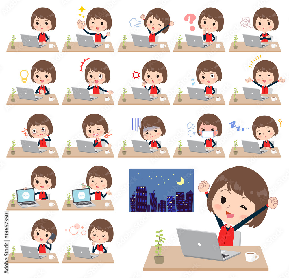 Store staff red uniform women_desk work