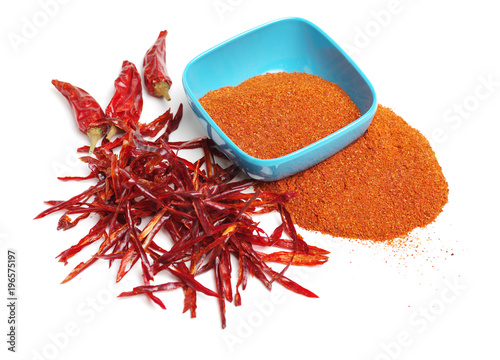 Red chilli and chilli powder isolated on white background