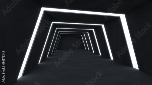 3D Render abstract and futuristic dark room empty space with glowing stripes light .