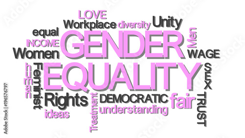 Gender equality typography word cloud with relevant buzzwords pink