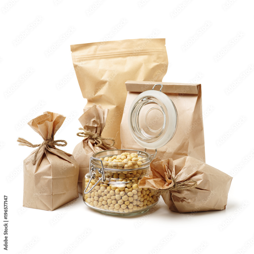 brown paper bags withe yellow bean isolated on white background brown paper bags withe yellow bean isolated on white background