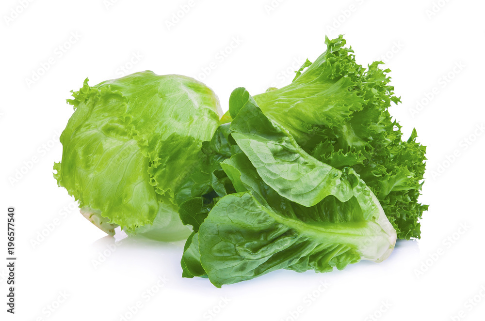 fresh baby cos, frillice and iceberg green lettuce isolated on white background fresh baby cos, frillice and iceberg green lettuce isolated on white background