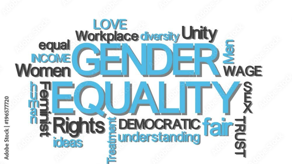 Gender equality typography word cloud with relevant buzzwords blue Gender equality typography word cloud with relevant buzzwords blue