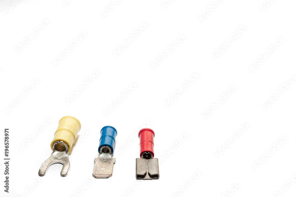 Electrical wire connector, Butt Splice connector, Ferrules, Fork Terminal, Pin Terminal, Ring Terminal, Wire Disconnect on white background. Electrical wire connector, Butt Splice connector, Ferrules, Fork Terminal, Pin Terminal, Ring Terminal, Wire Disconnect on white background.