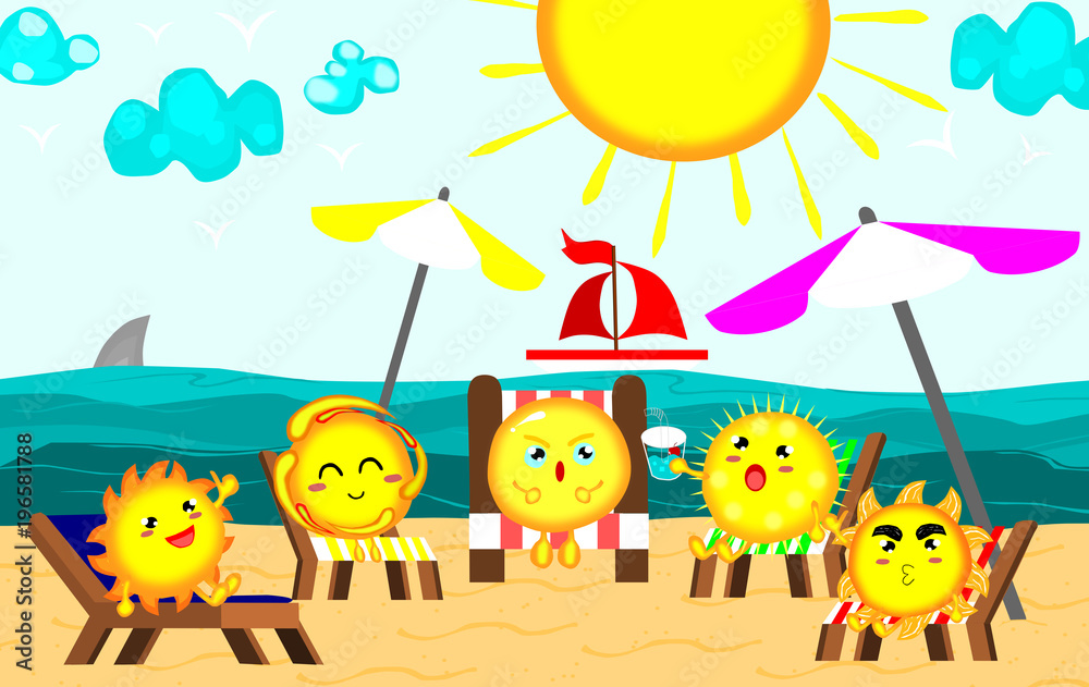 Cute sun sunbathing at Beautiful beach,relaxing time,summer concept,vector Cute sun sunbathing at Beautiful beach,relaxing time,summer concept,vector