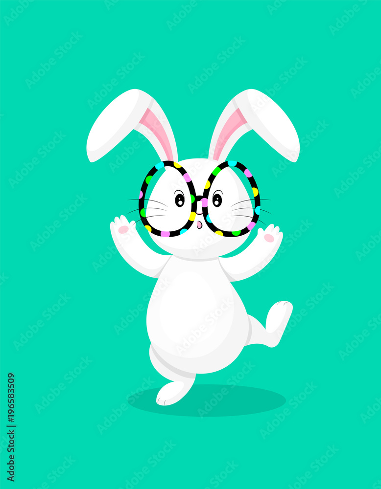 White rabbit with oval shape glasses. Cute bunny, Happy Easter day, cartoon  character design. Illustration isolated on green background. Stock Vector |  Adobe Stock