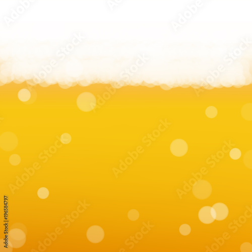 Beer background with realistic bubbles. Cool liquid drink for pub and bar menu design, banners and flyers. Yellow square beer background with white frothy foam. Fresh cup of lager for brewery design.
