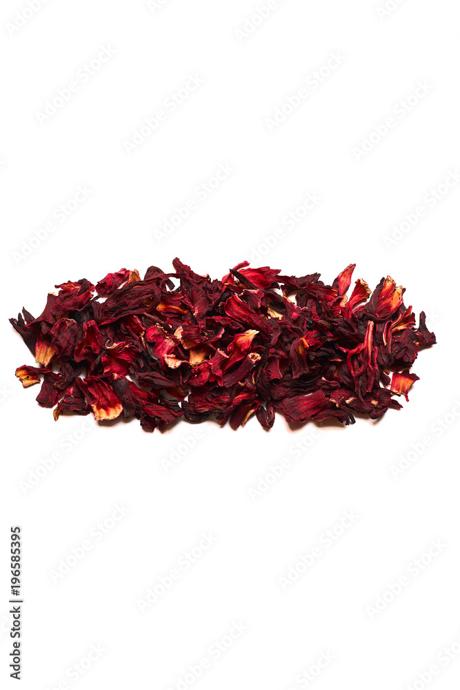 Naklejka premium Symbol minusfrom dried flowers of hibiscus tea on a white background. Symbol for banners, advertisements